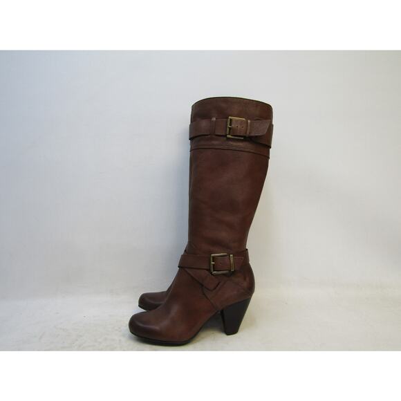 Arturo Chiang Womens Size 8 M Brown Leather Zip Buckle 15" Knee Hig Boots - Picture 1 of 11